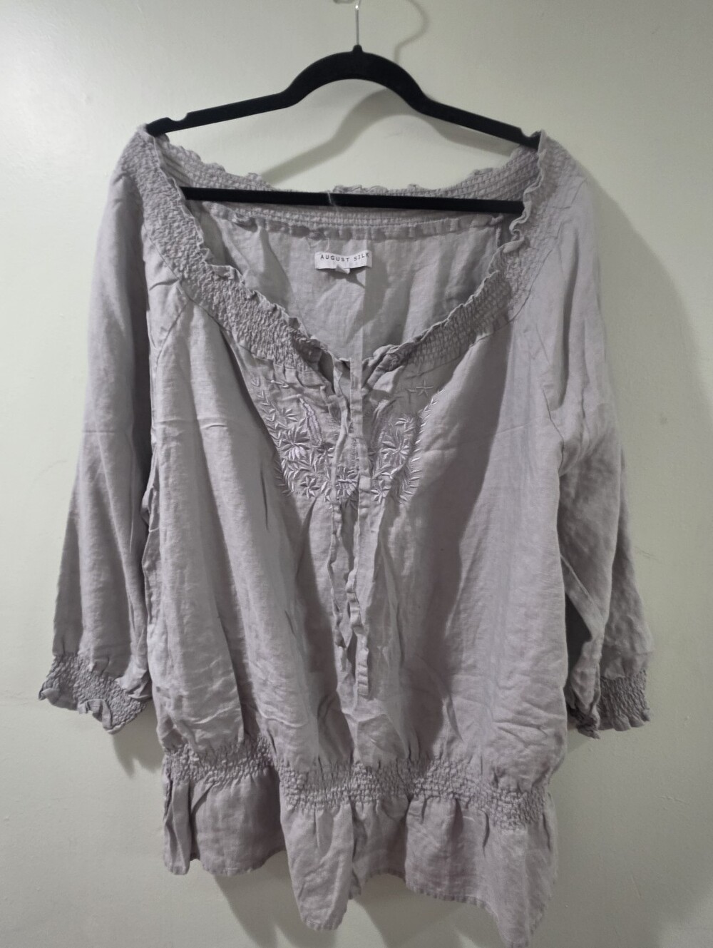 August silk lavender gray embroidered smocked peasant tunic XL - Picture 2 of 10